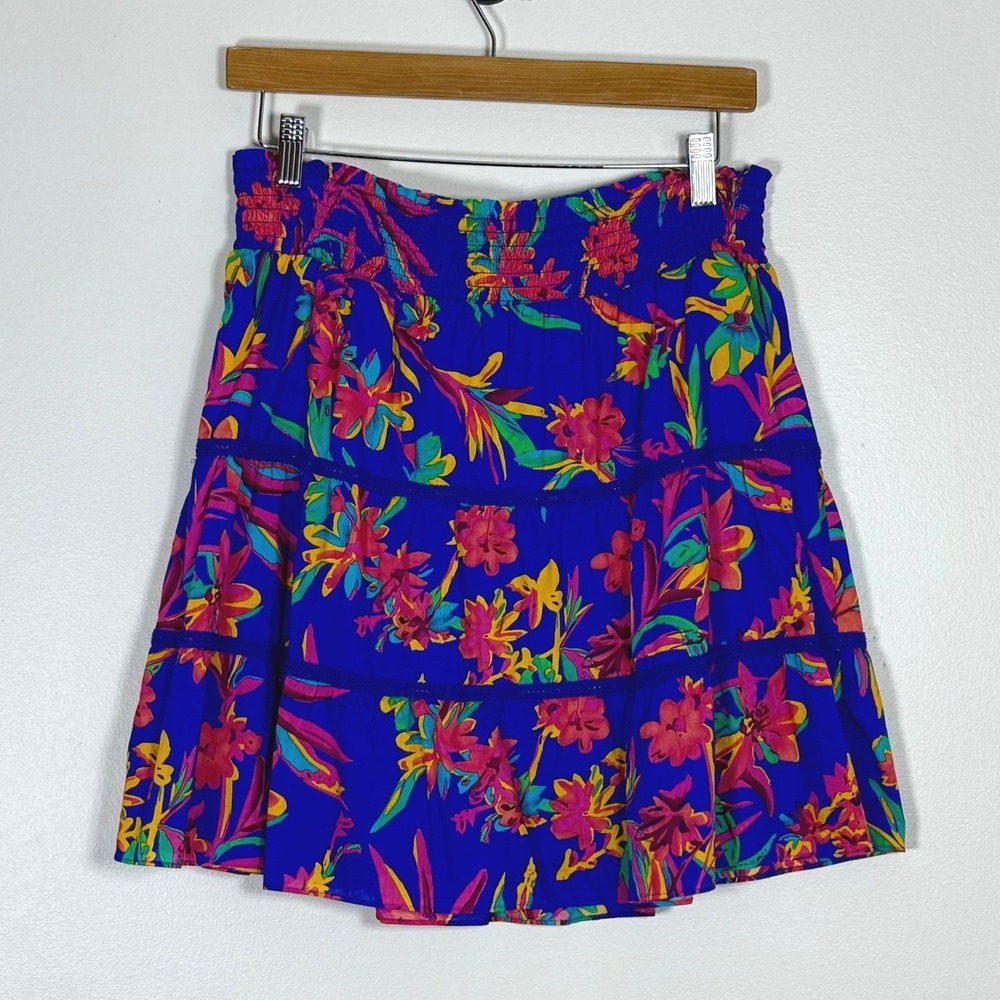 J Crew Women Tropical Floral Tiered Mini Skirt Size M Blue Lined Resort Colorful